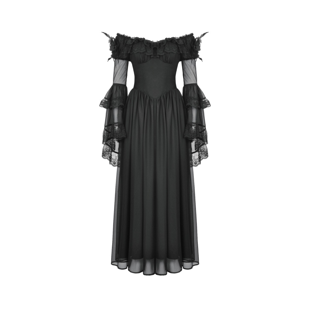 Dark in Love - Gothic Black Tulle Feather Fantasy Langes Kleid - Schwarz